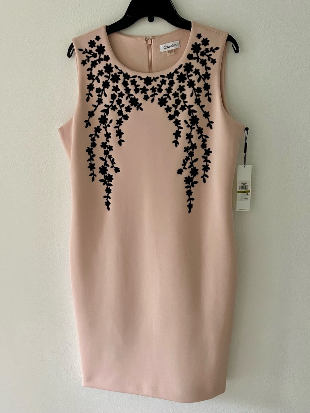 NWT Calvin Klein Pink w Black Bead Flowers, Lined Sheath Sleeveless Dress, 14